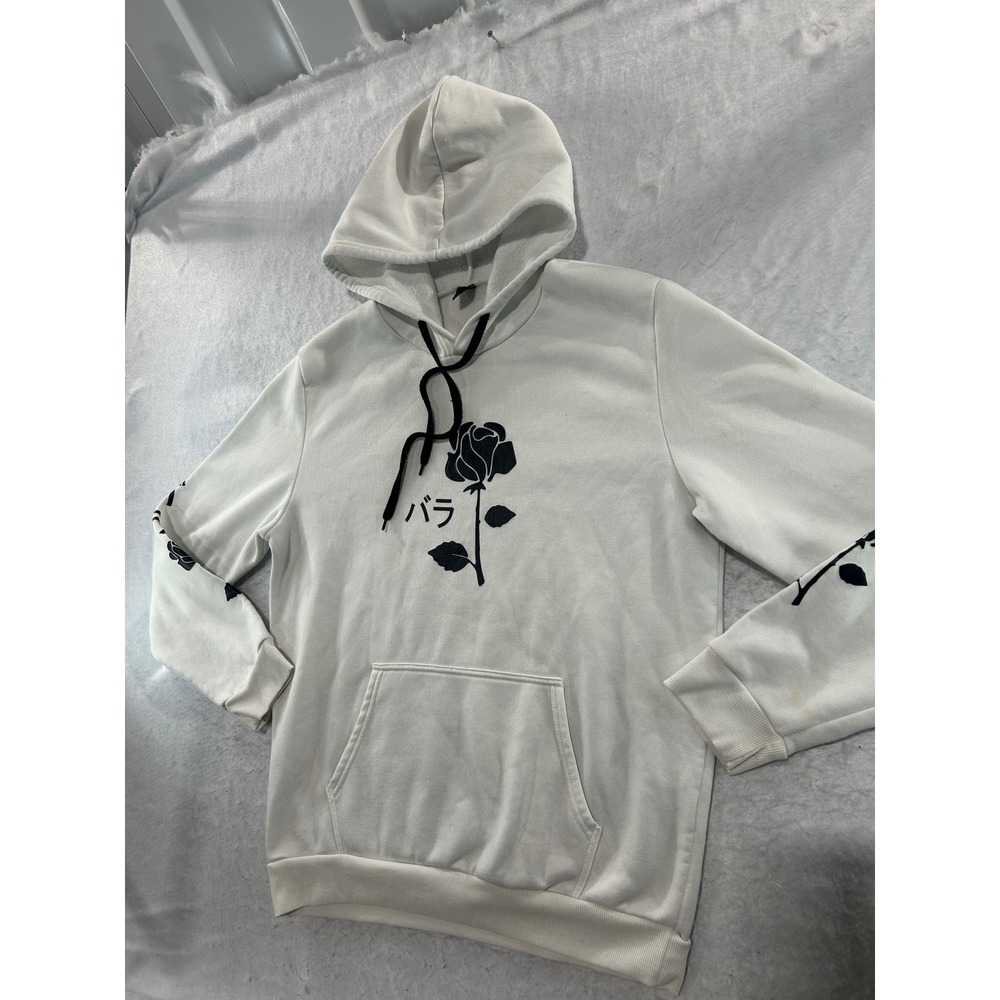 Manfinity Mens XL White Tee Graphic Hoodie Japanese Katakana Streetwear Pullover